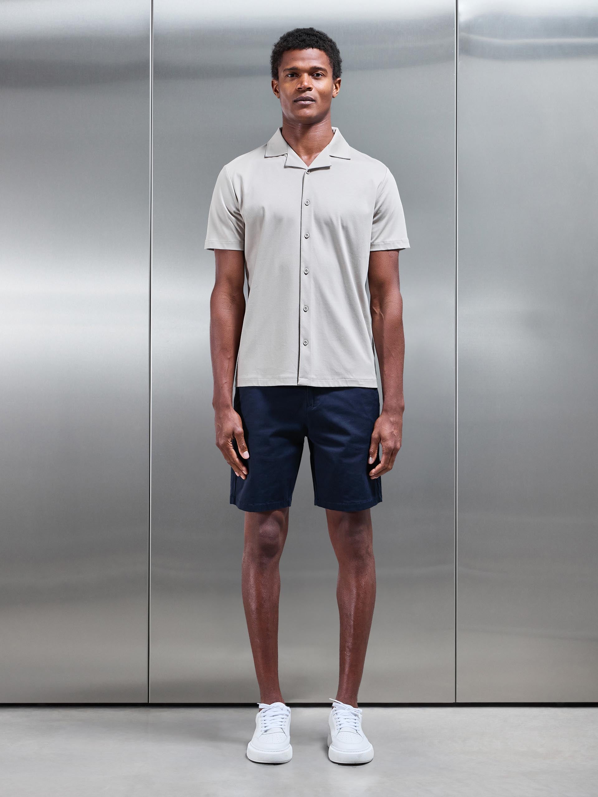 Mercerised Interlock Revere Collar Shirt in Stone
