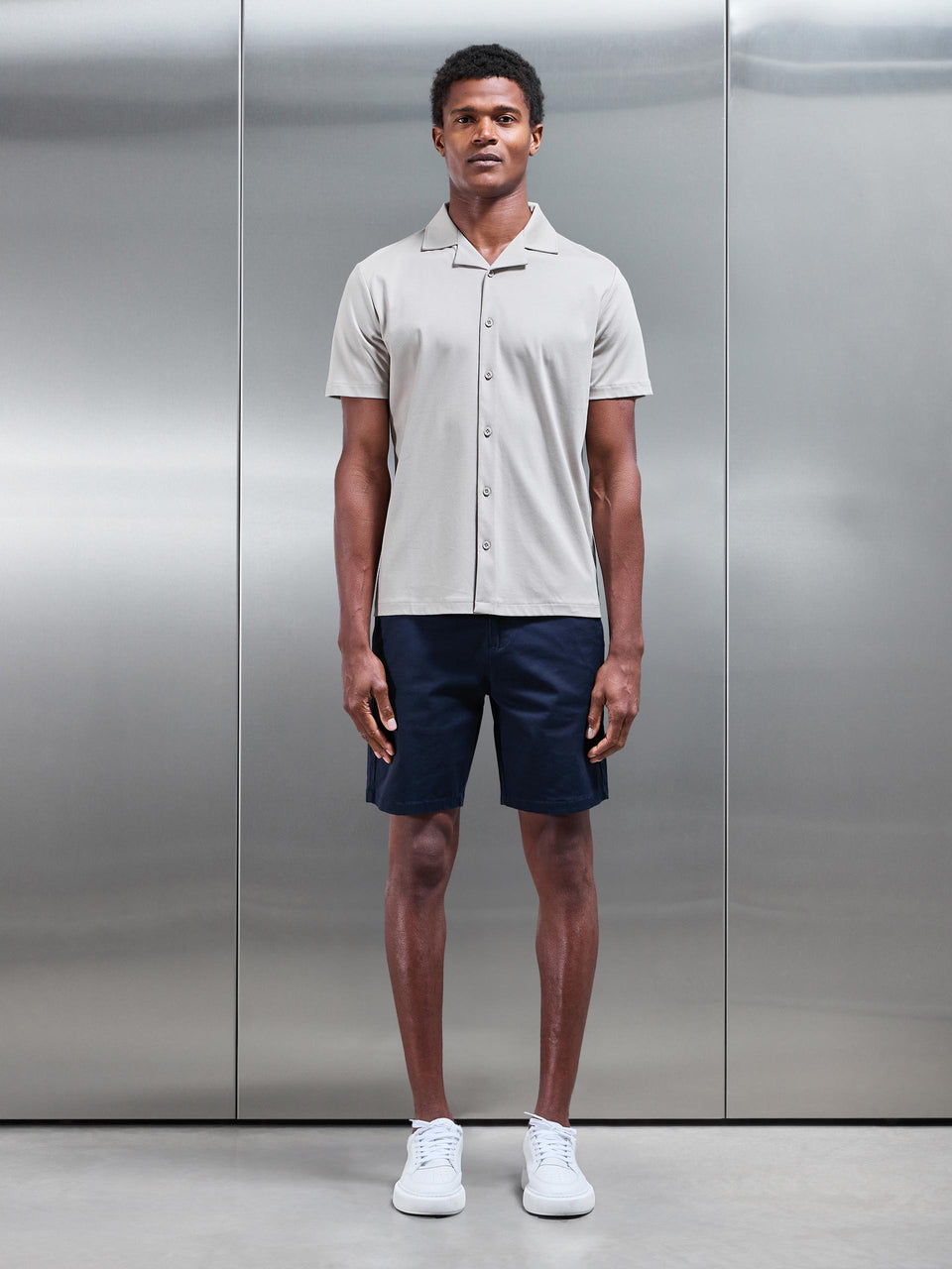 Mercerised Interlock Revere Collar Shirt in Stone