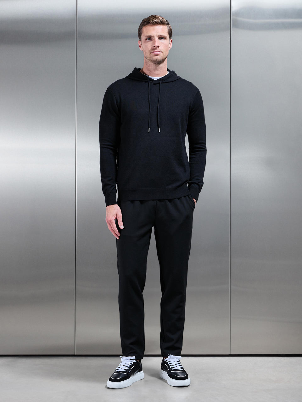 Mercerised Knitted Hoodie in Black