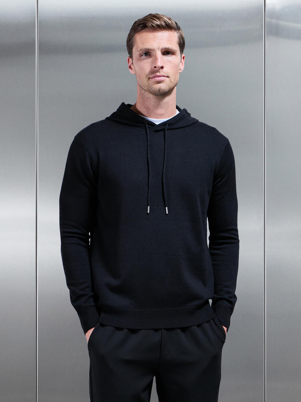 Mercerised Knitted Hoodie in Black