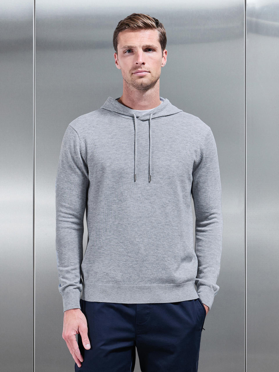 Mercerised Knitted Hoodie in Marl Grey