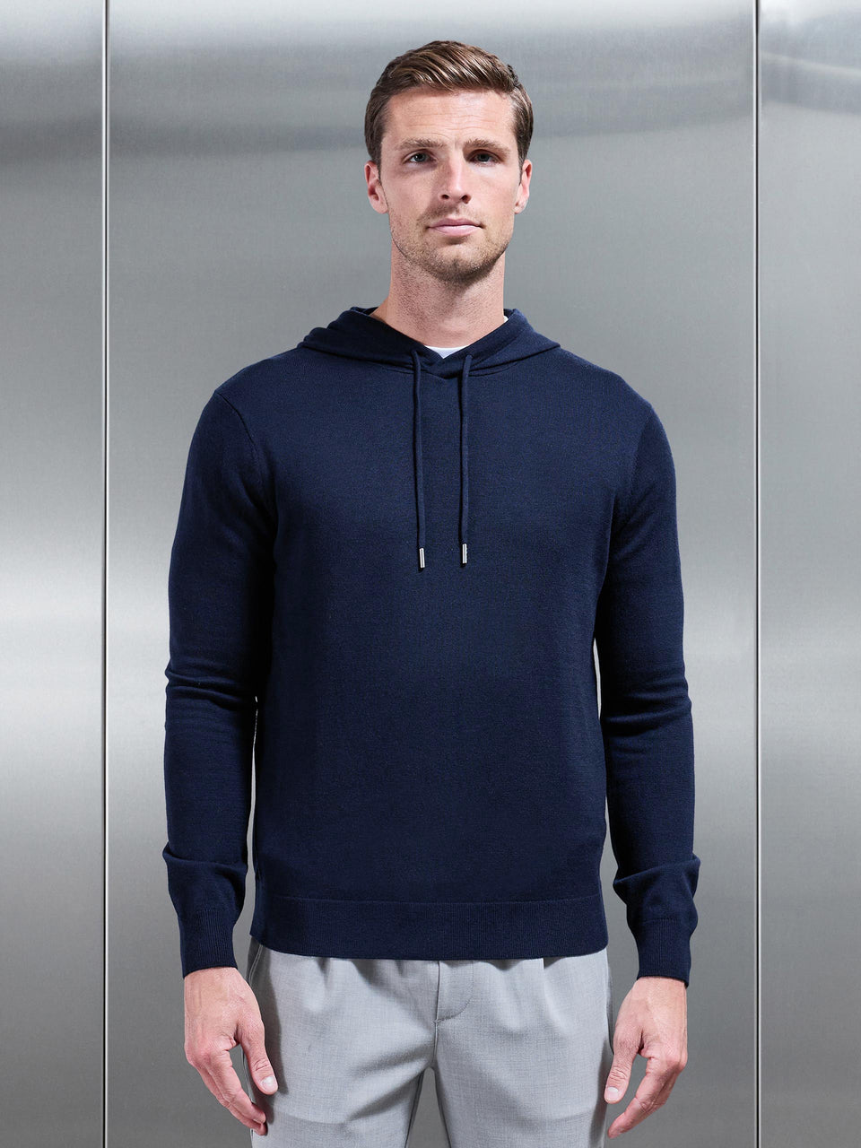 Mercerised Knitted Hoodie in Navy