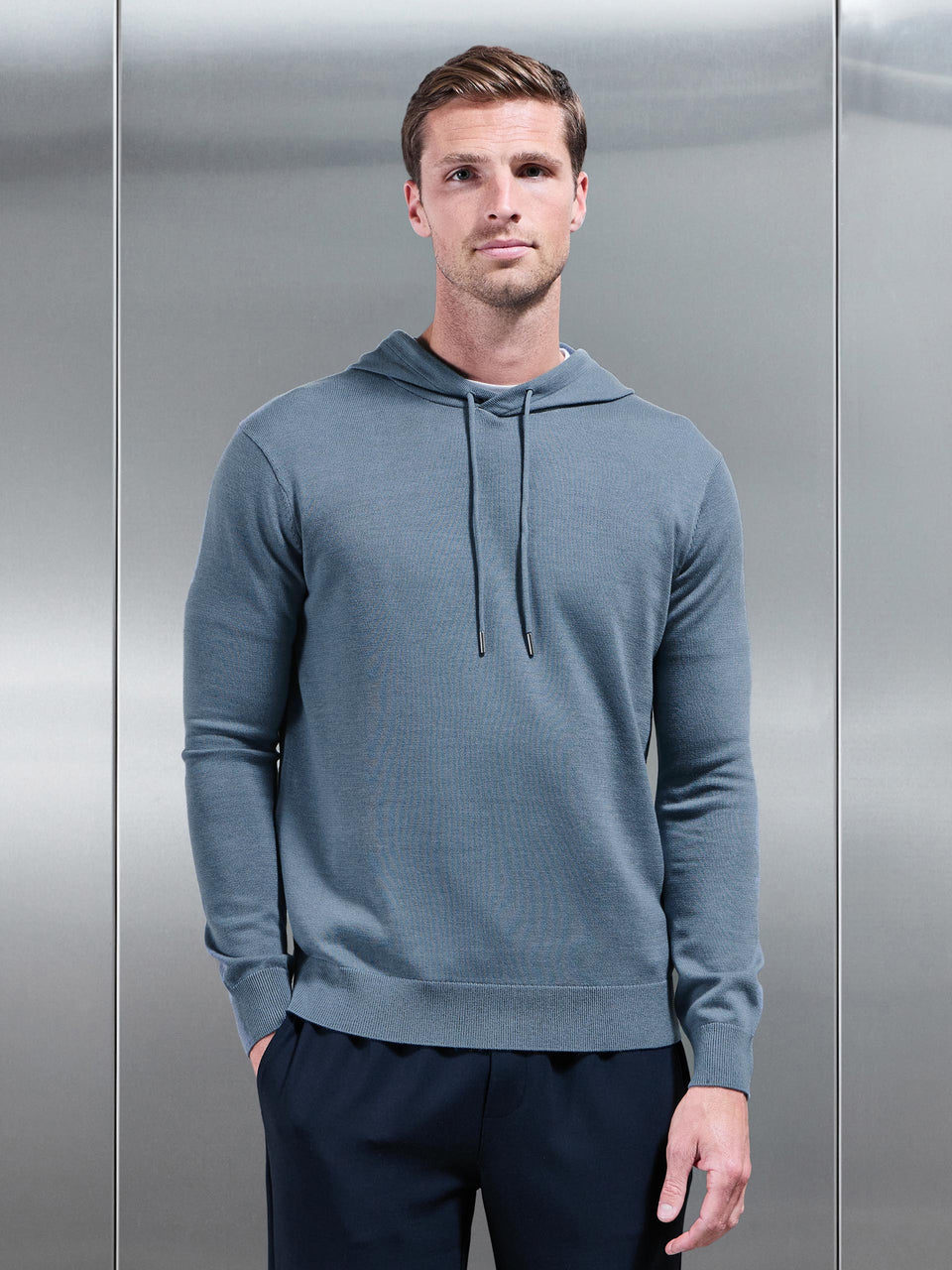 Mercerised Knitted Hoodie in Steel Blue