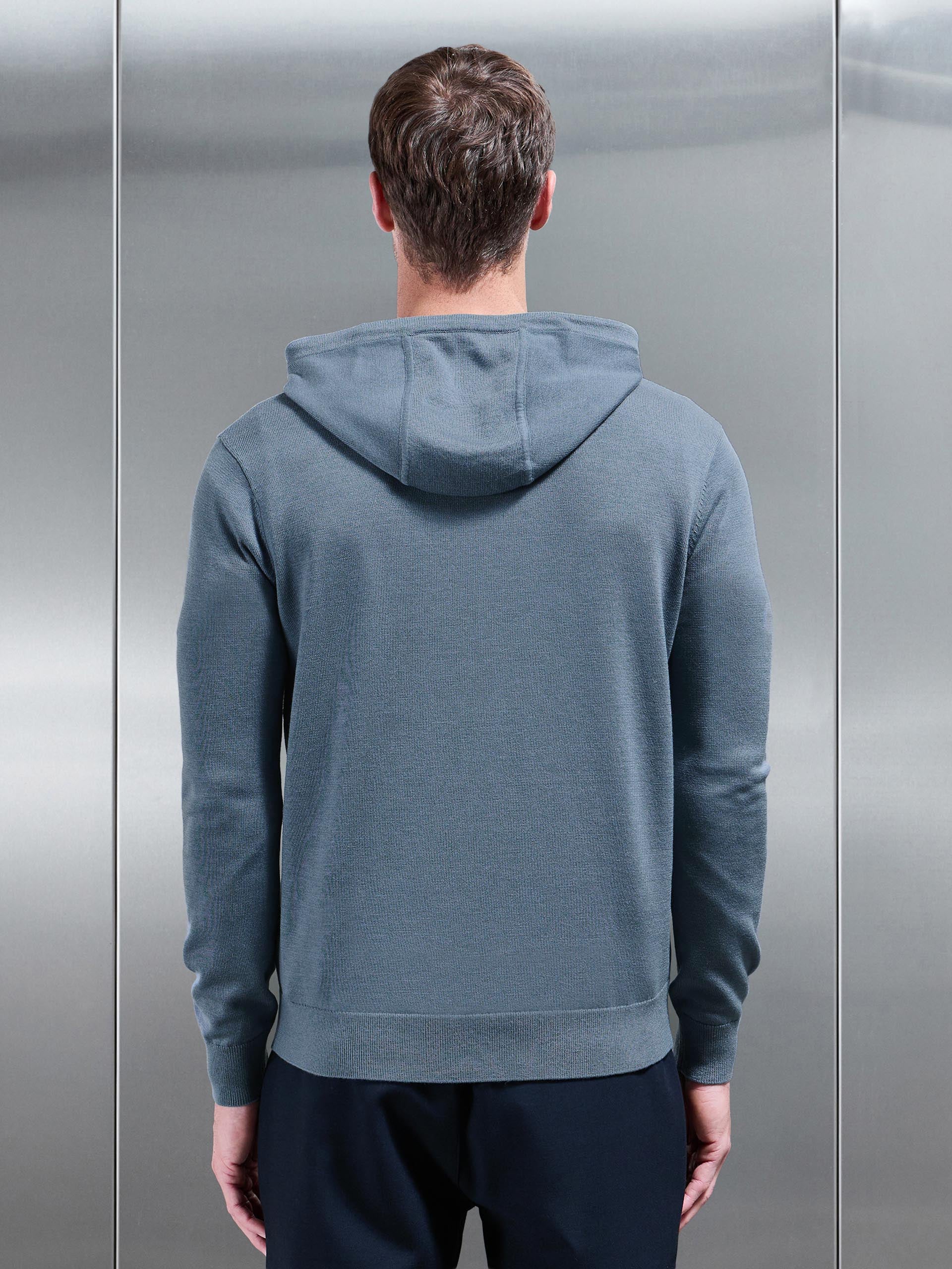 Mercerised Knitted Hoodie in Steel Blue