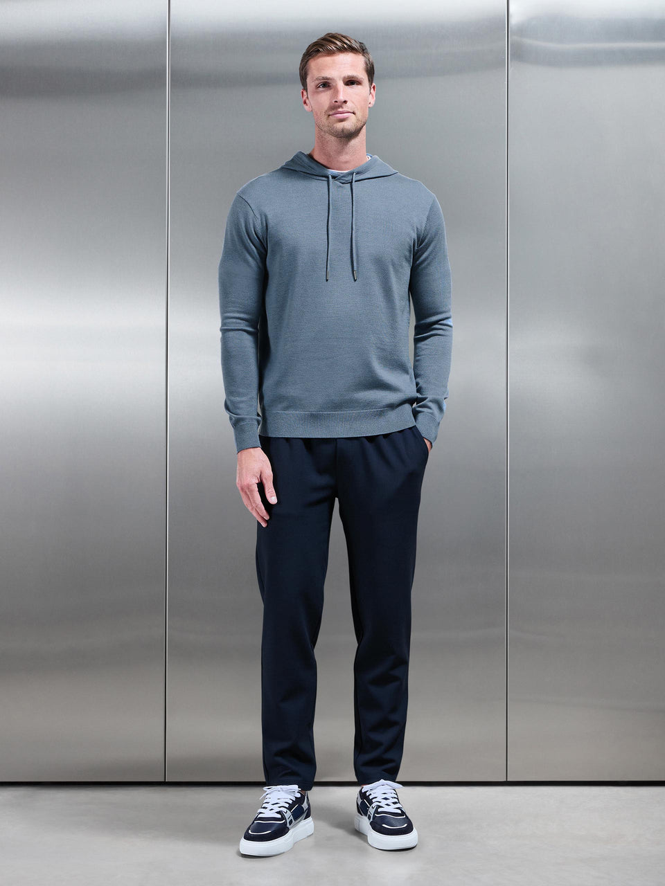 Mercerised Knitted Hoodie in Steel Blue