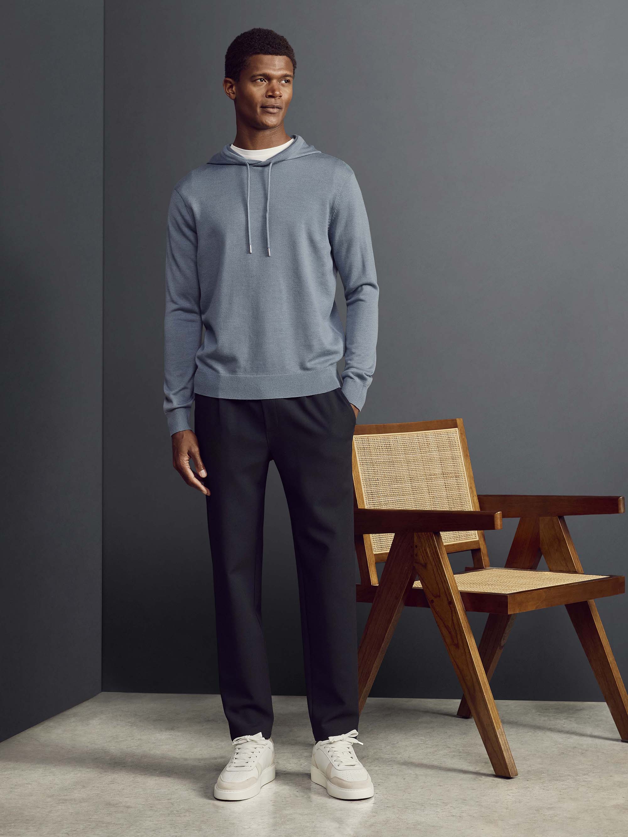 Mercerised Knitted Hoodie in Steel Blue