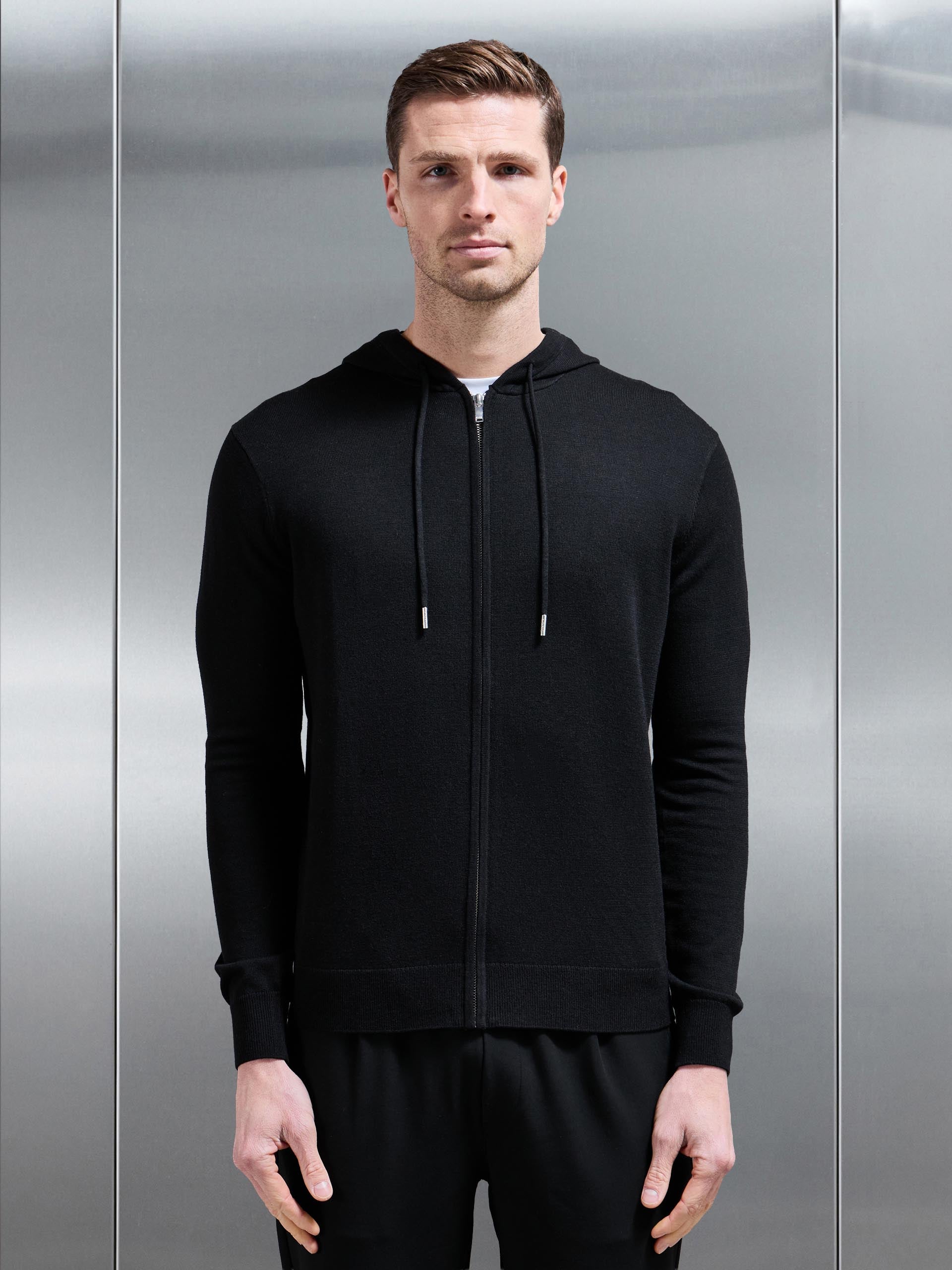 Mercerised Knitted Zip Hoodie in Black