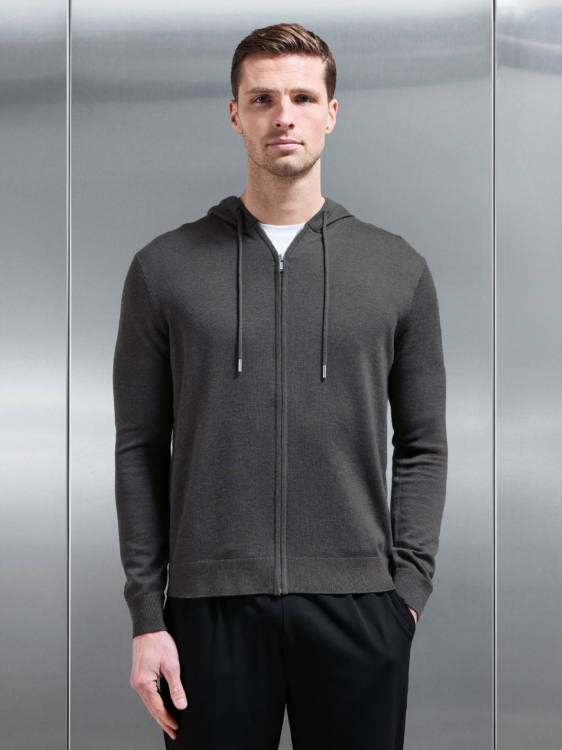 Mercerised Knitted Zip Hoodie in Charcoal Marl