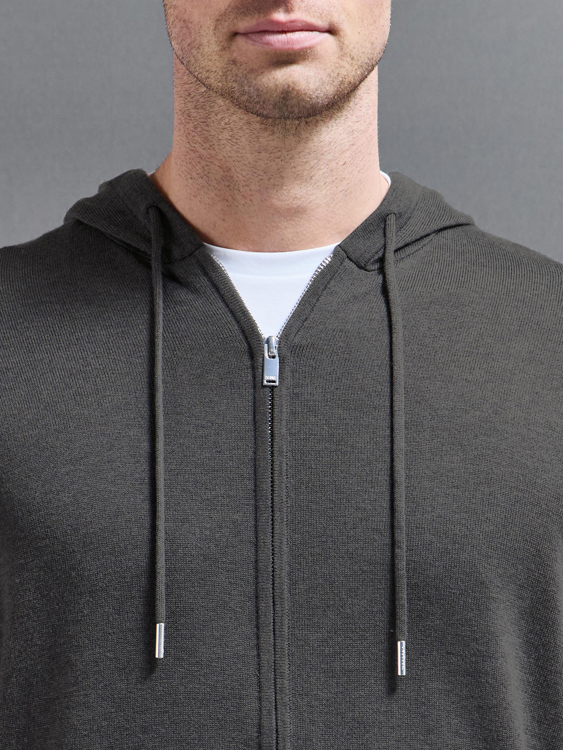 Mercerised Knitted Zip Hoodie in Charcoal Marl
