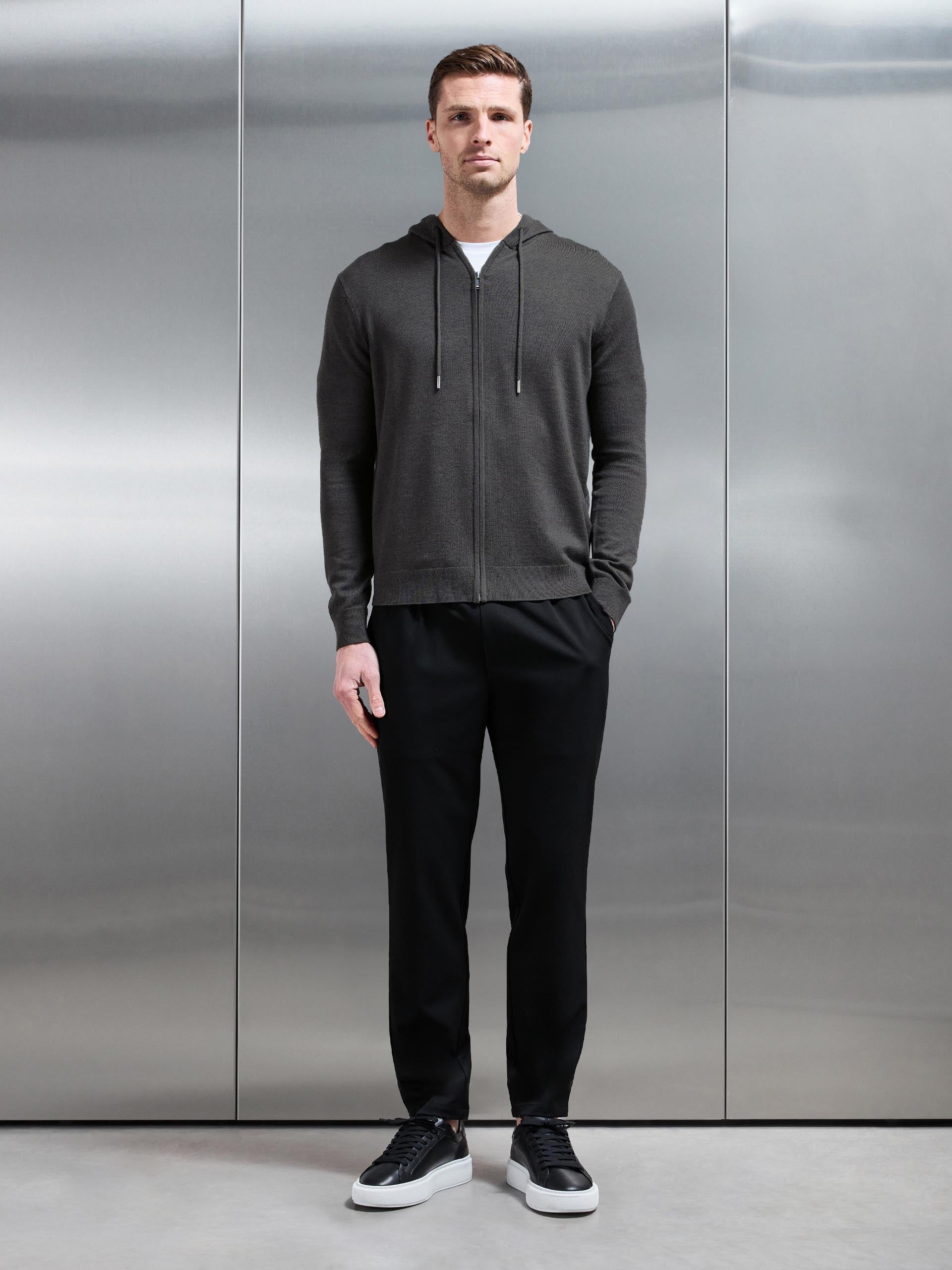 Mercerised Knitted Zip Hoodie in Charcoal Marl