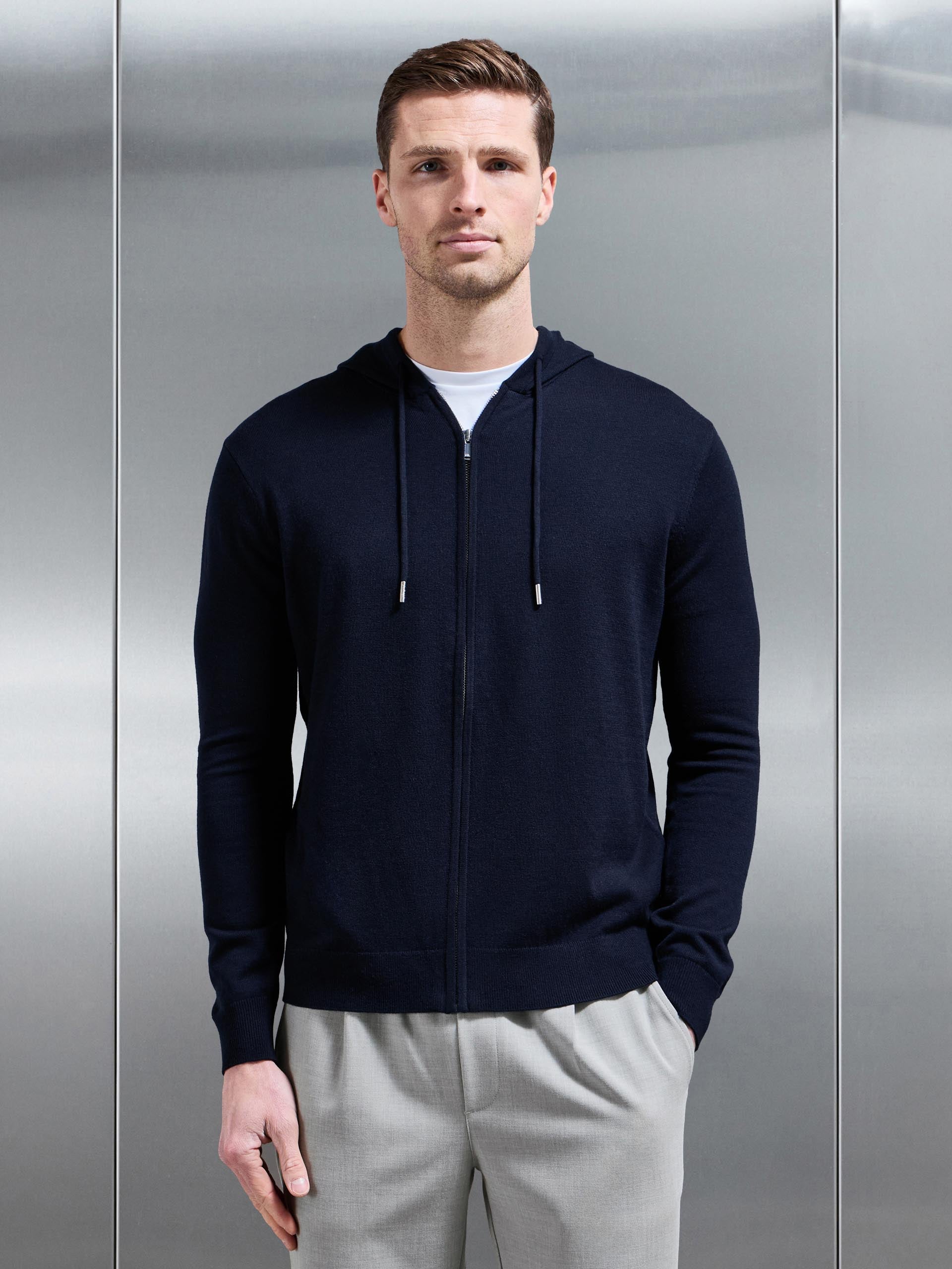Mercerised Knitted Zip Hoodie in Navy
