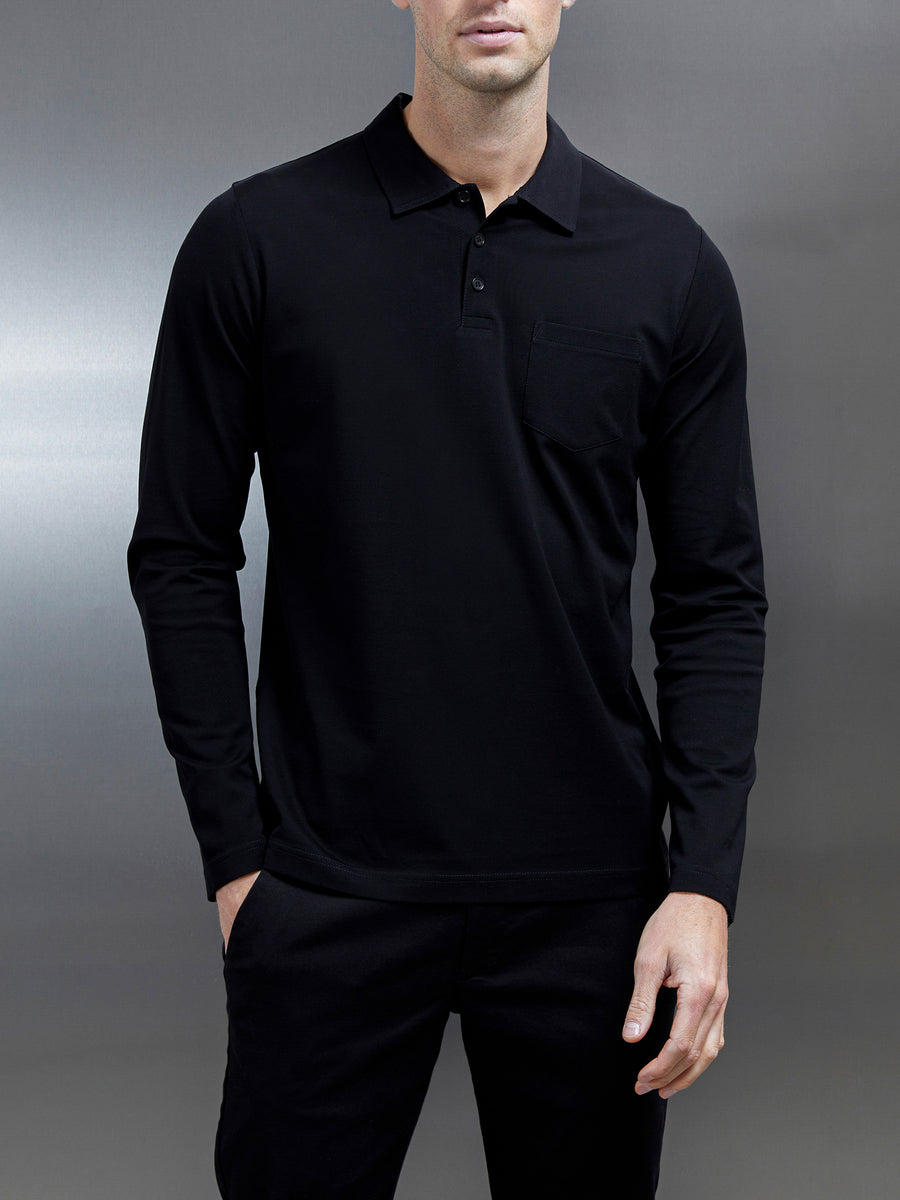 Mercerised Pique Long Sleeve Button Polo Shirt in Black