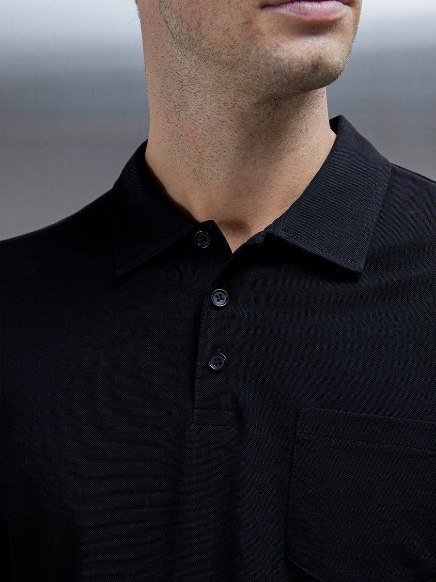 Mercerised Pique Long Sleeve Button Polo Shirt in Black