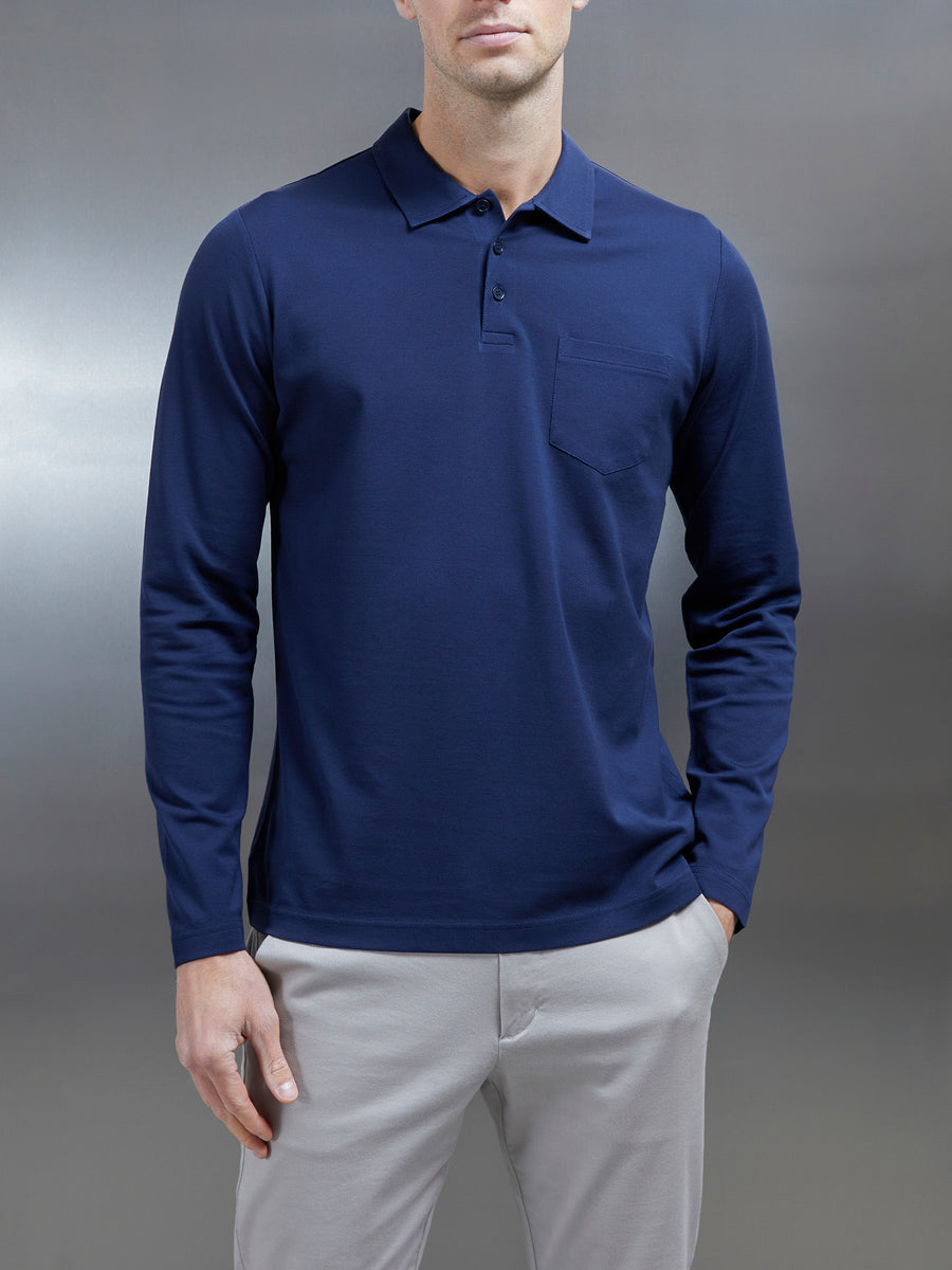 Mercerised Pique Long Sleeve Button Polo Shirt in Navy