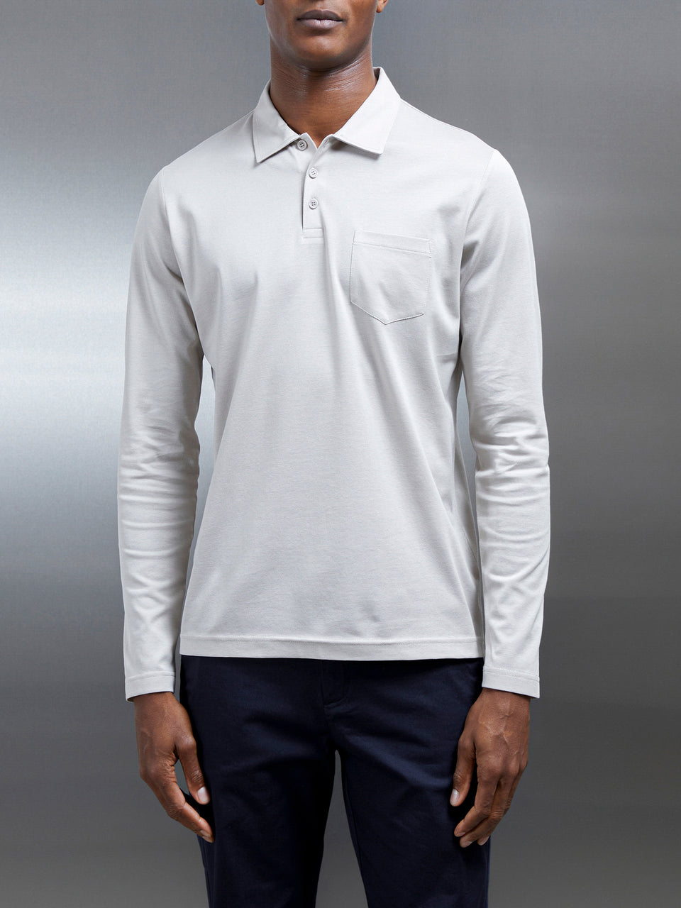 Mercerised Pique Long Sleeve Button Polo Shirt in Stone