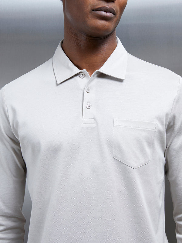 Mercerised Pique Long Sleeve Button Polo Shirt in Stone