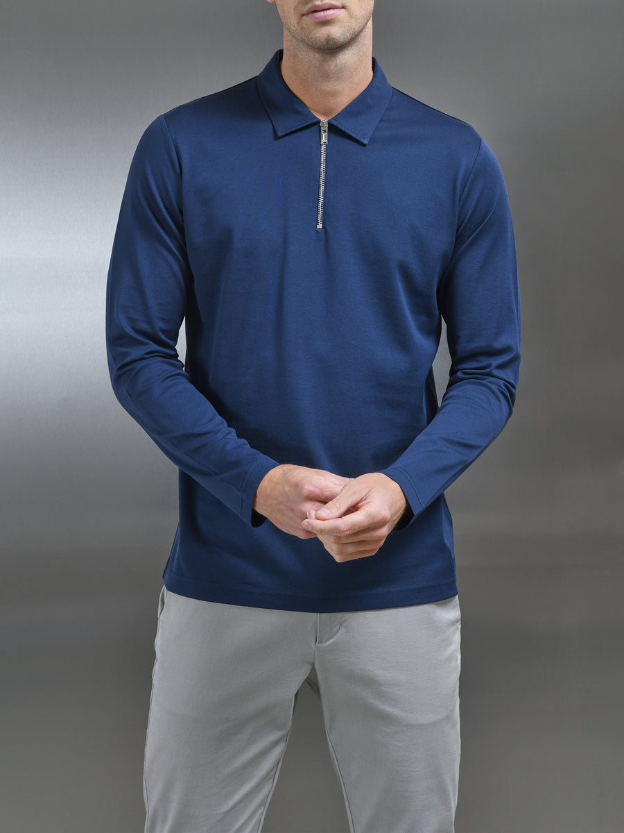 Mercerised Pique Long Sleeve Zip Polo Shirt in Navy