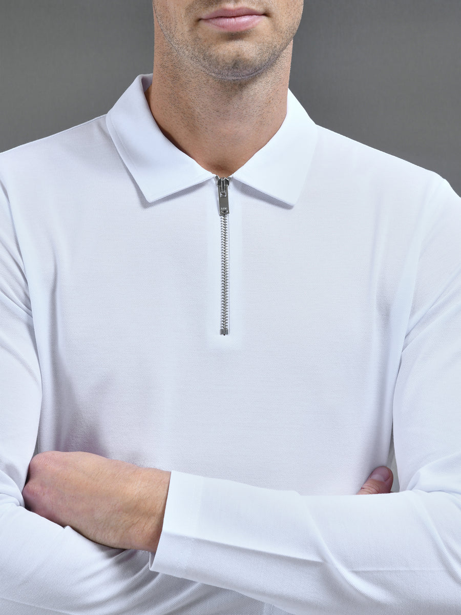 Mercerised Pique Long Sleeve Zip Polo Shirt in White
