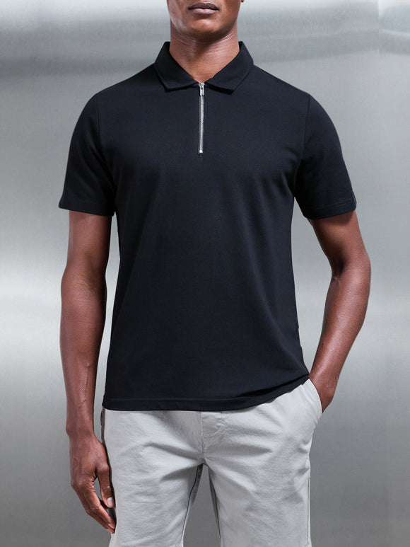 Mercerised Pique Zip Polo Shirt in Black