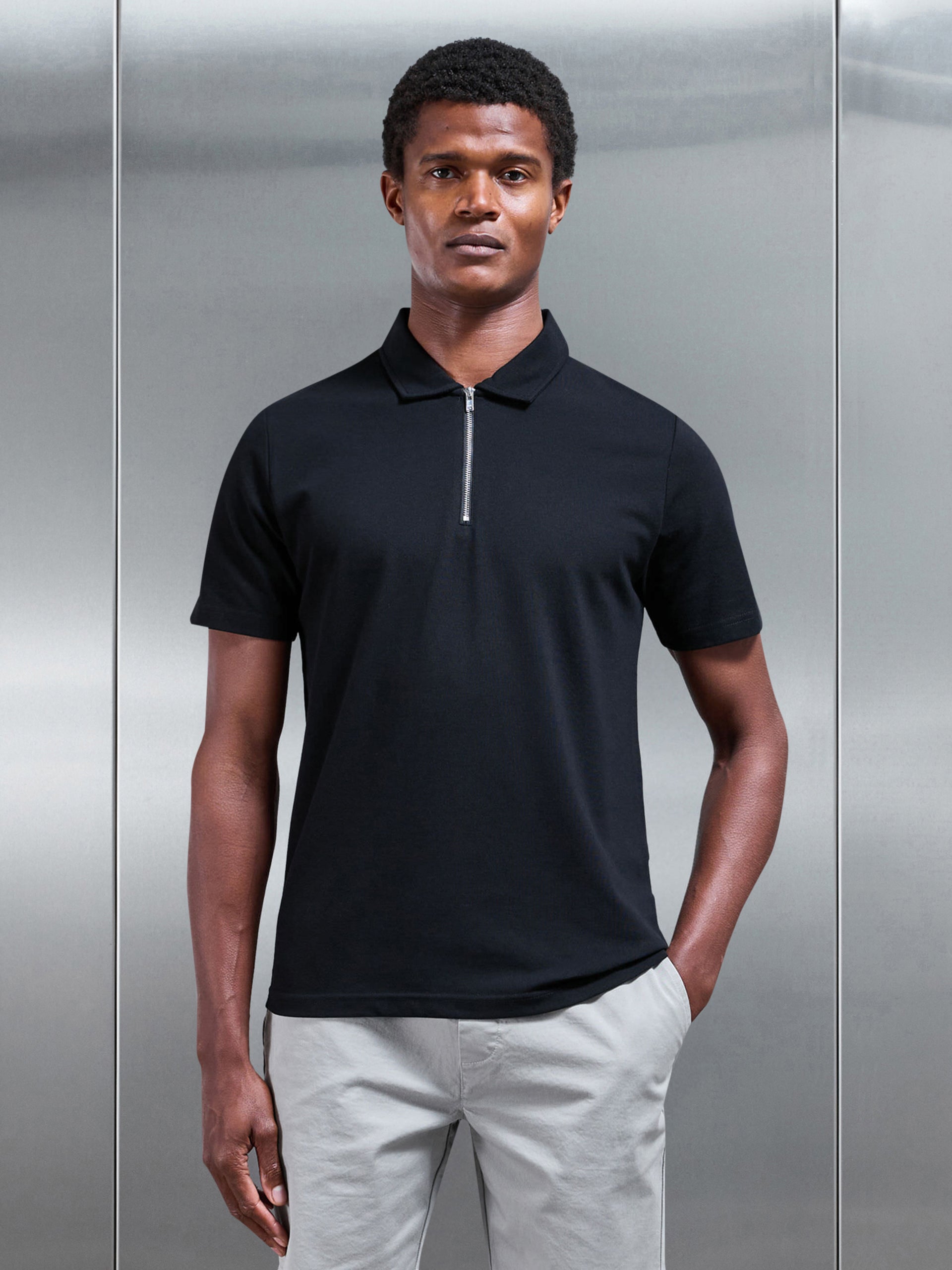 Mercerised Pique Zip Polo Shirt in Black