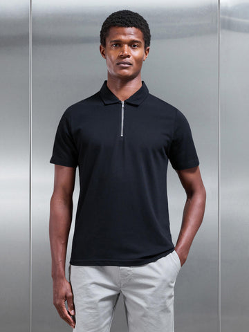 Mercerised Pique Zip Polo Shirt in Black