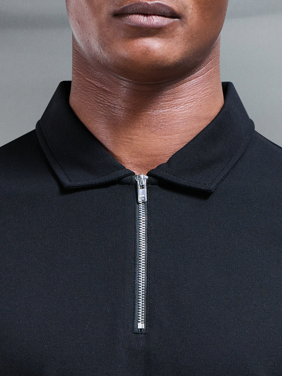 Mercerised Pique Zip Polo Shirt in Black | ARNE UK
