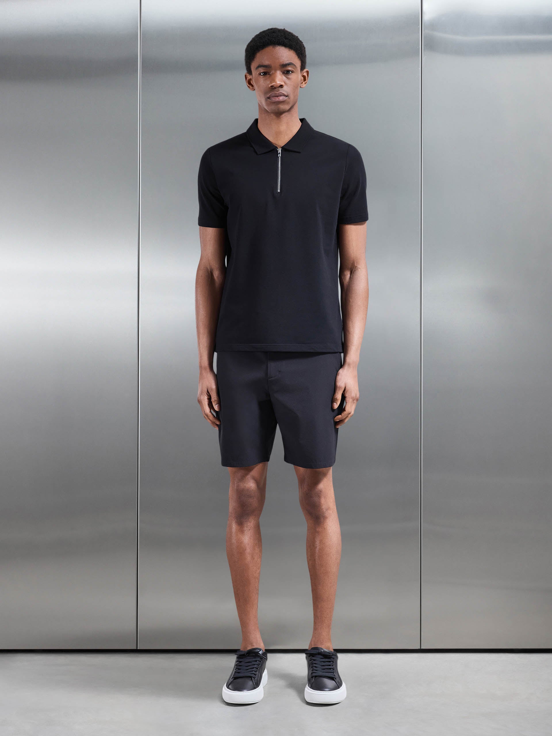 Mercerised Pique Zip Polo Shirt in Black