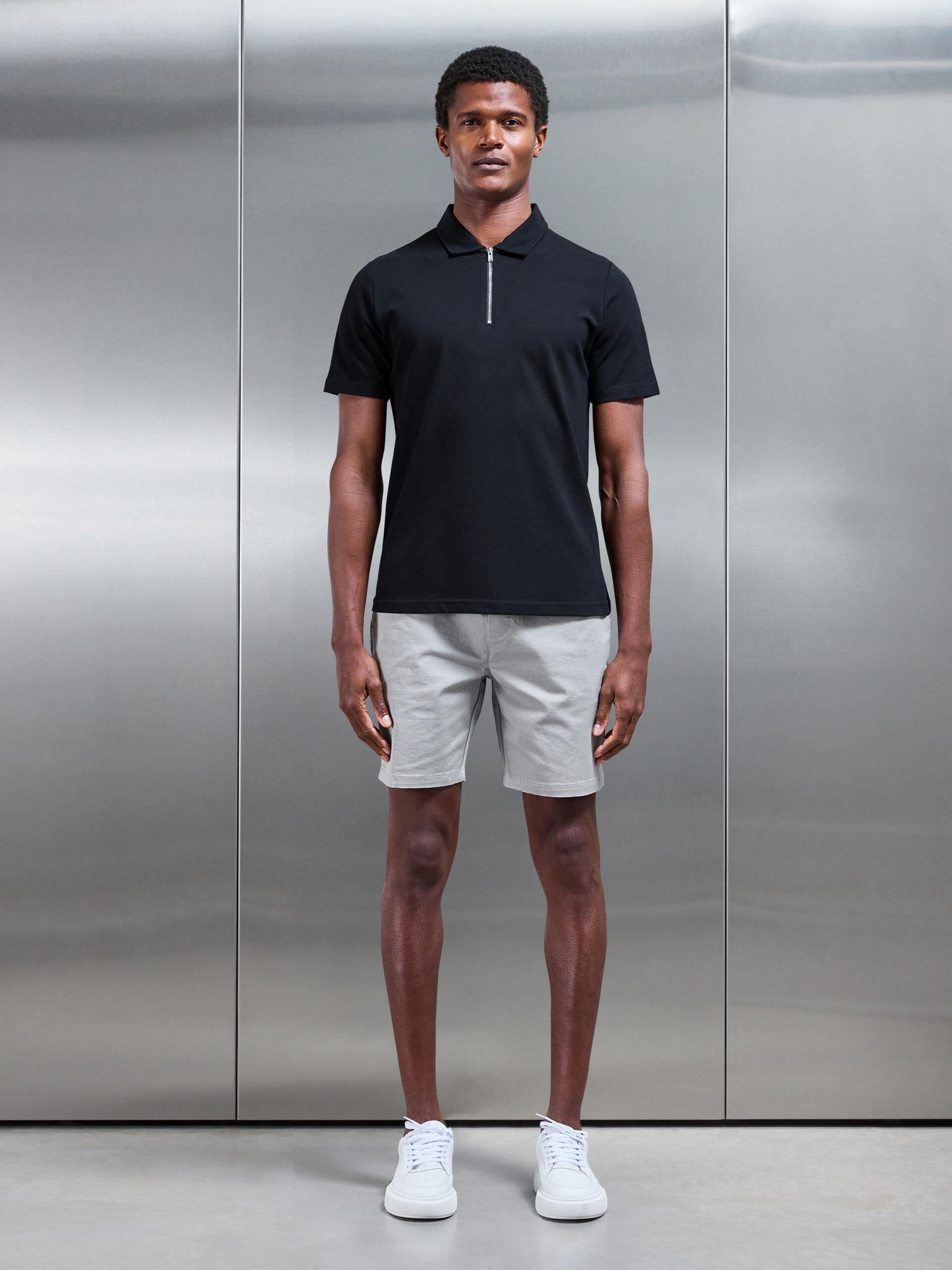 Mercerised Pique Zip Polo Shirt in Black