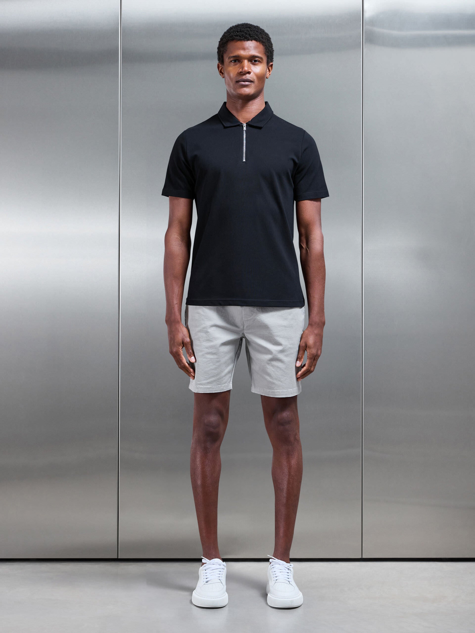 Mercerised Pique Zip Polo Shirt in Black