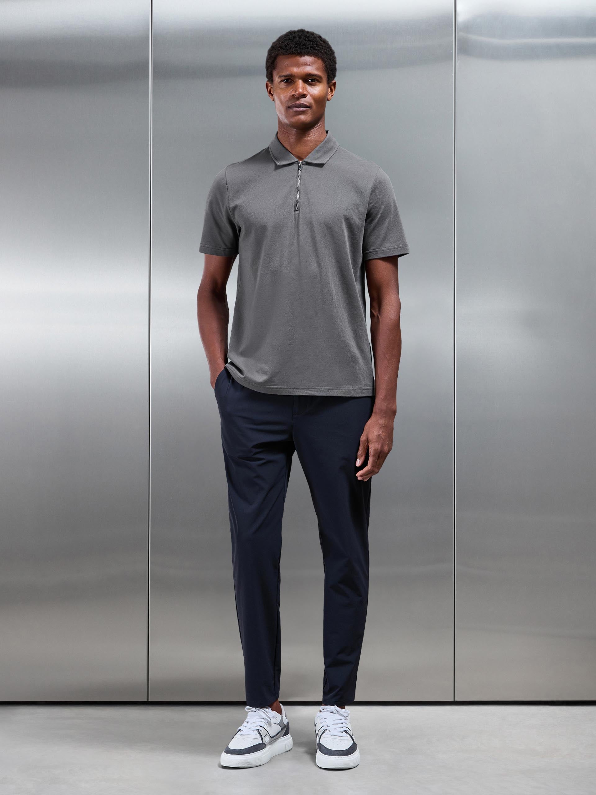 Mercerised Pique Zip Polo Shirt in Grey