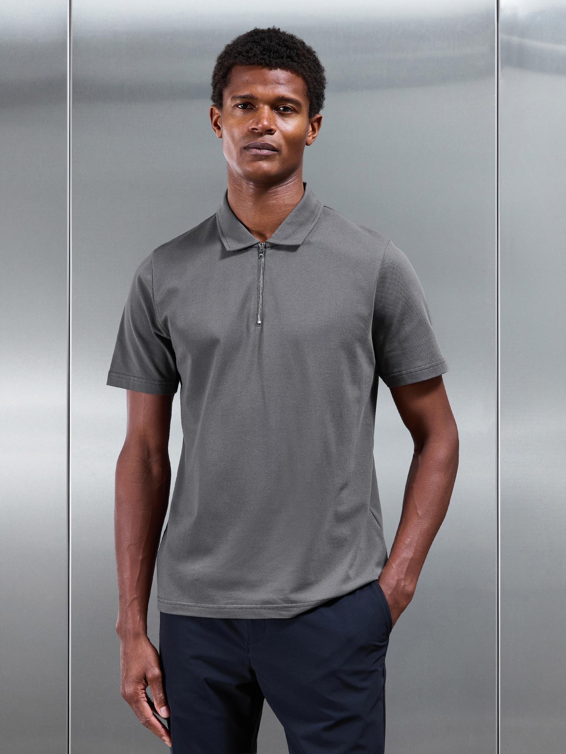 Mercerised Pique Zip Polo Shirt in Grey