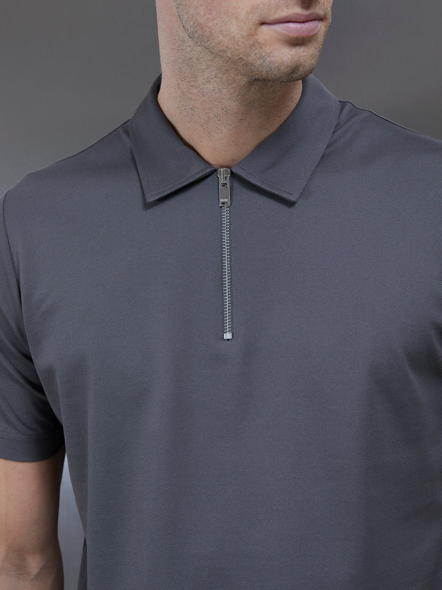 Mercerised Pique Zip Polo Shirt in Grey