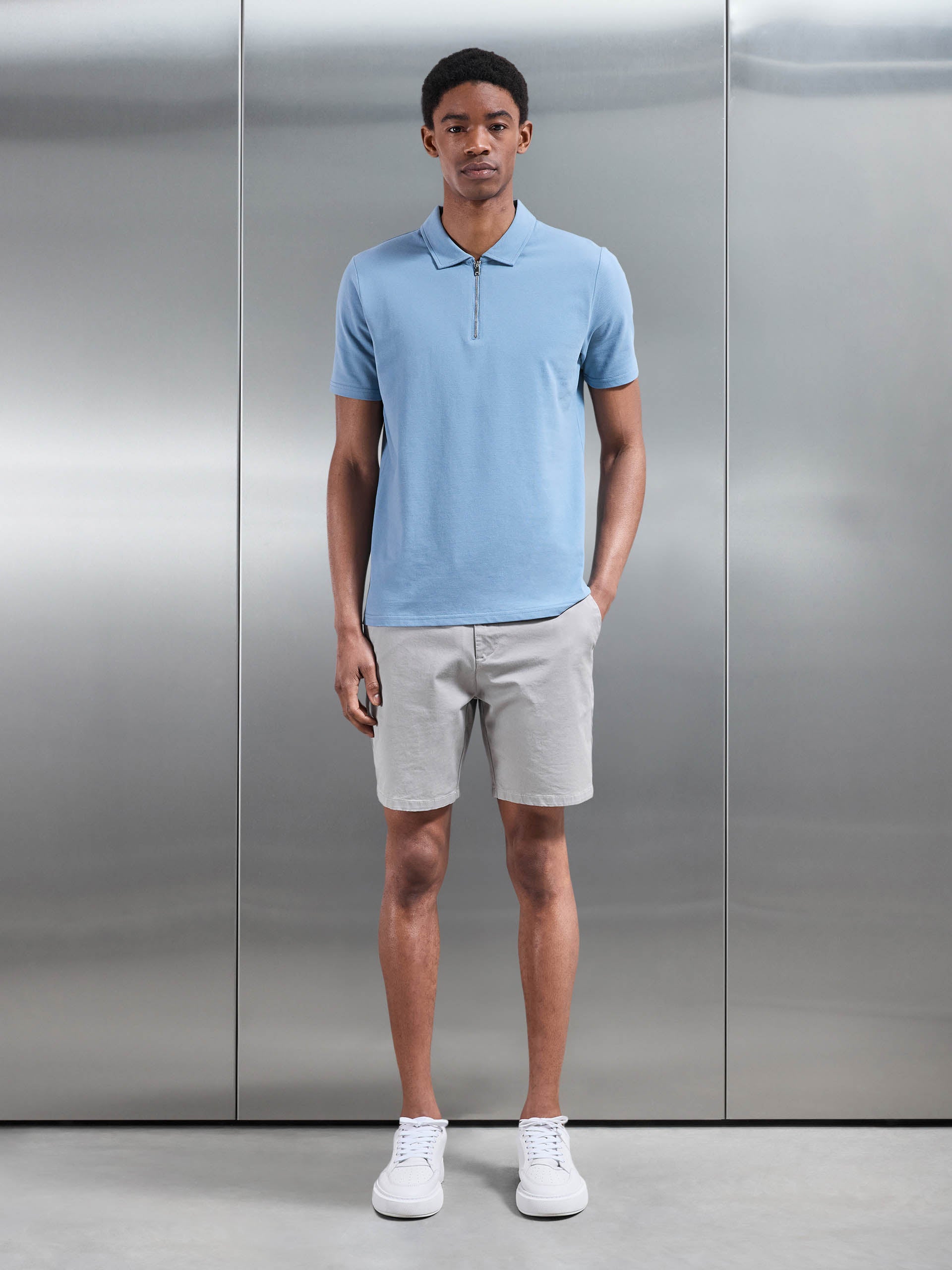 Mercerised Pique Zip Polo Shirt in Light Blue