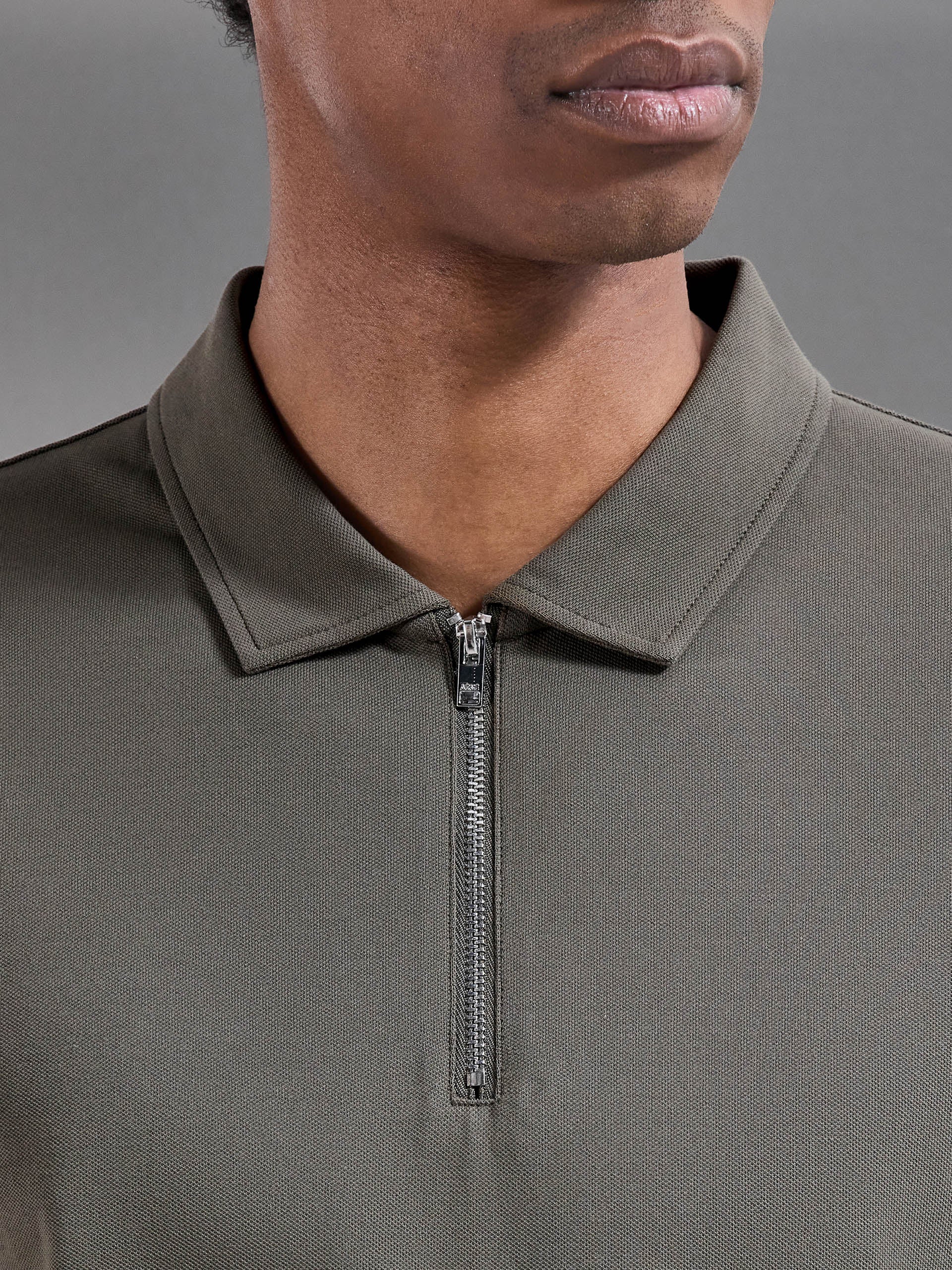 Mercerised Pique Zip Polo Shirt in Sage