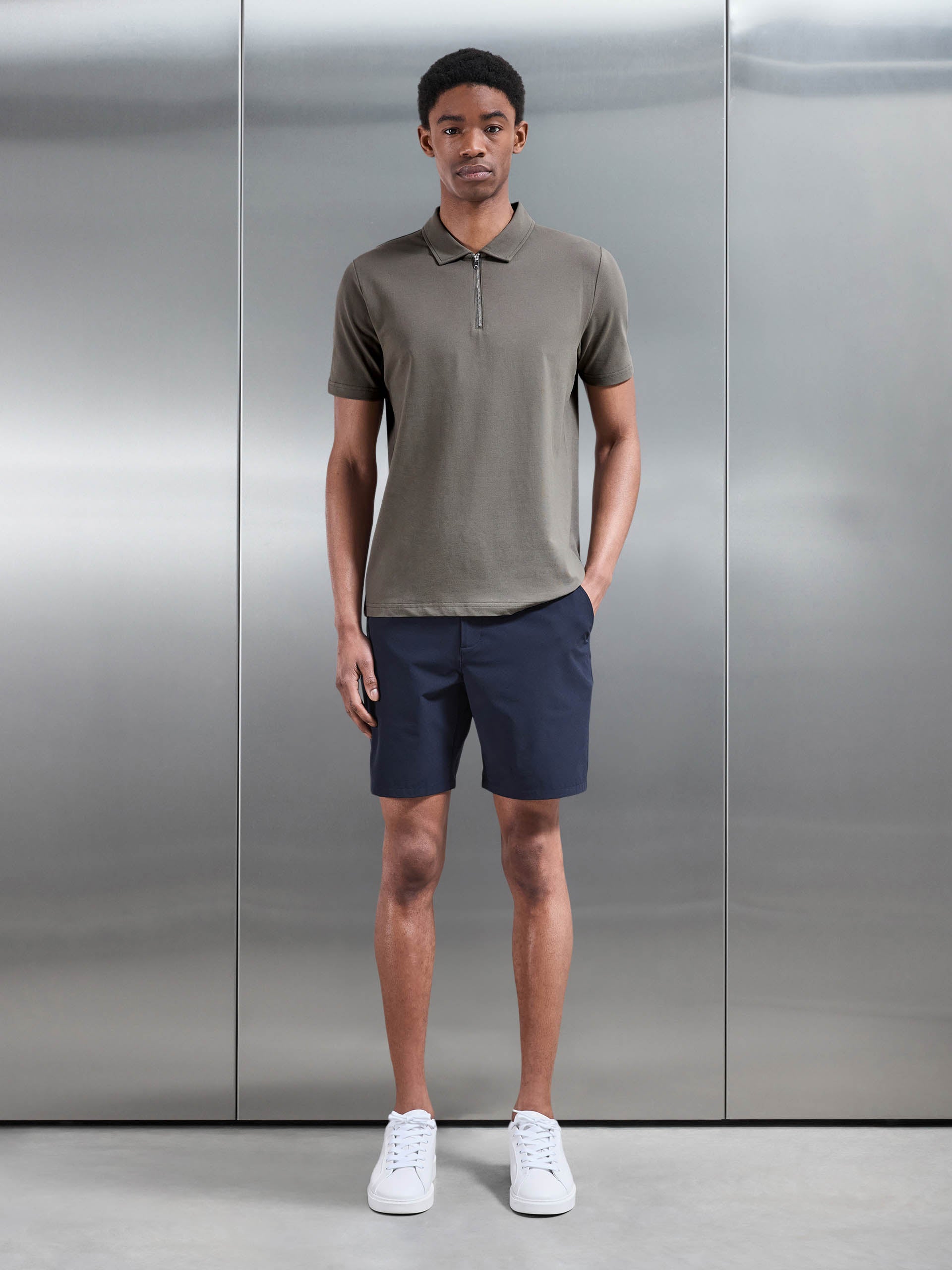 Mercerised Pique Zip Polo Shirt in Sage