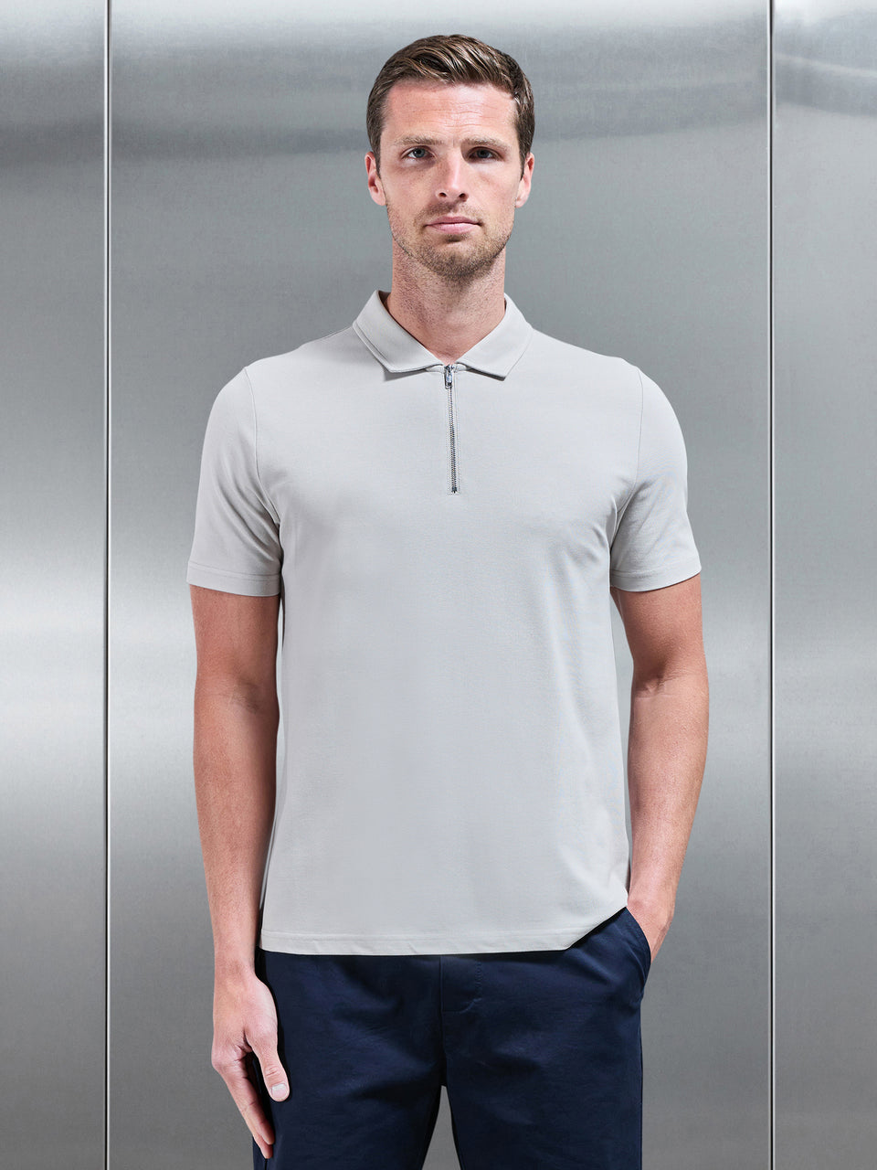 Mercerised Pique Zip Polo Shirt in Stone