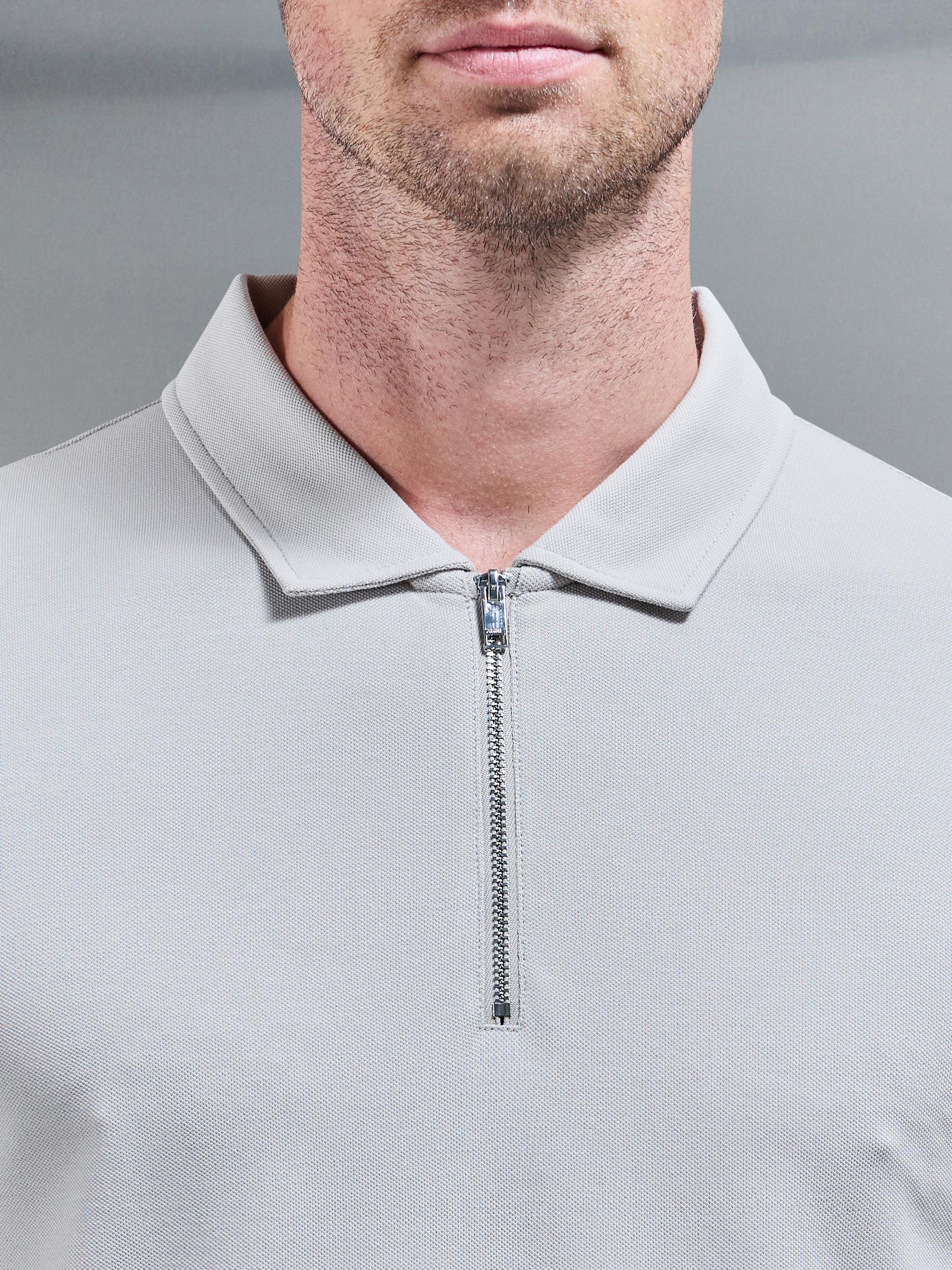 Mercerised Pique Zip Polo Shirt in Stone
