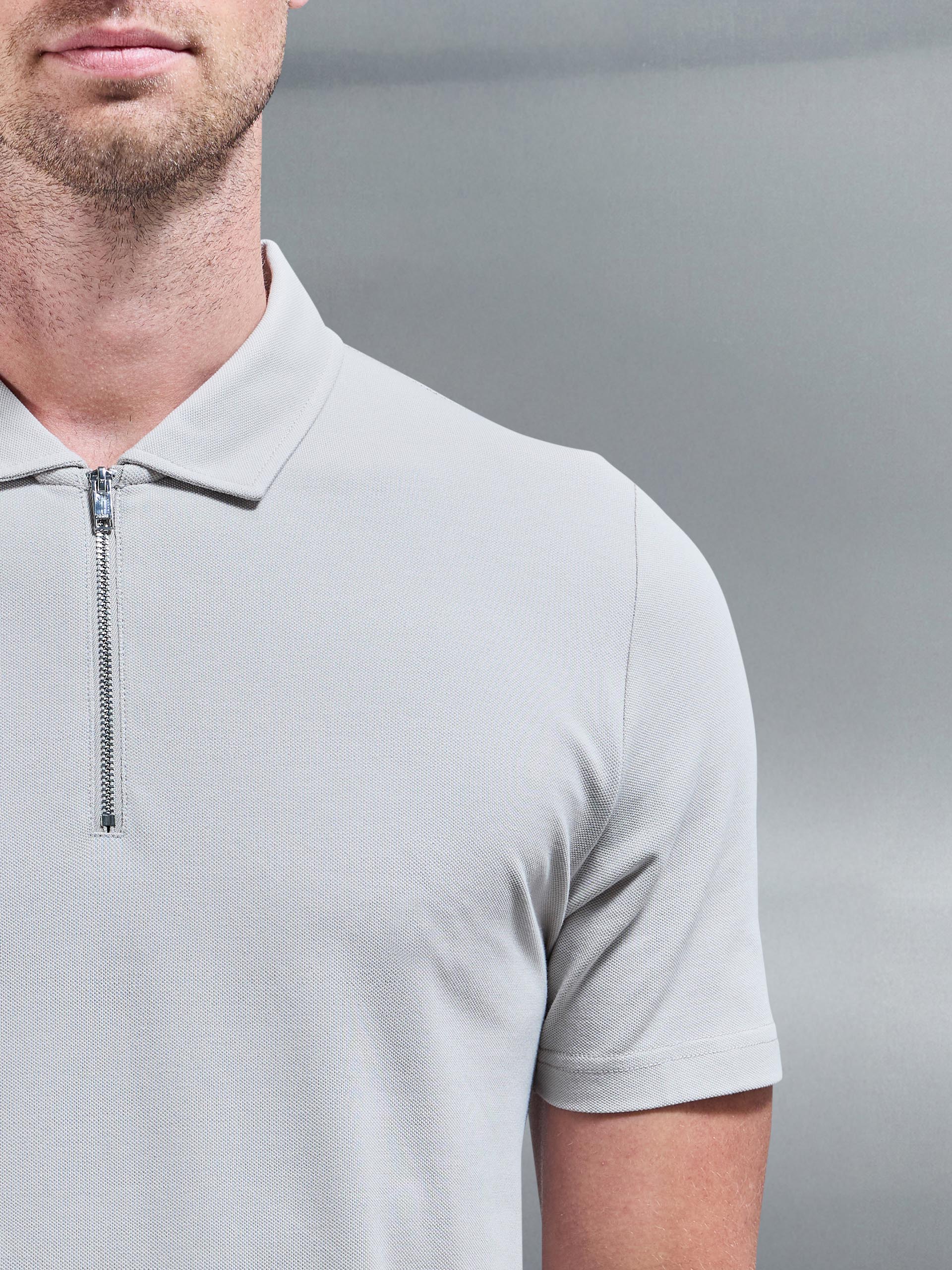 Mercerised Pique Zip Polo Shirt in Stone