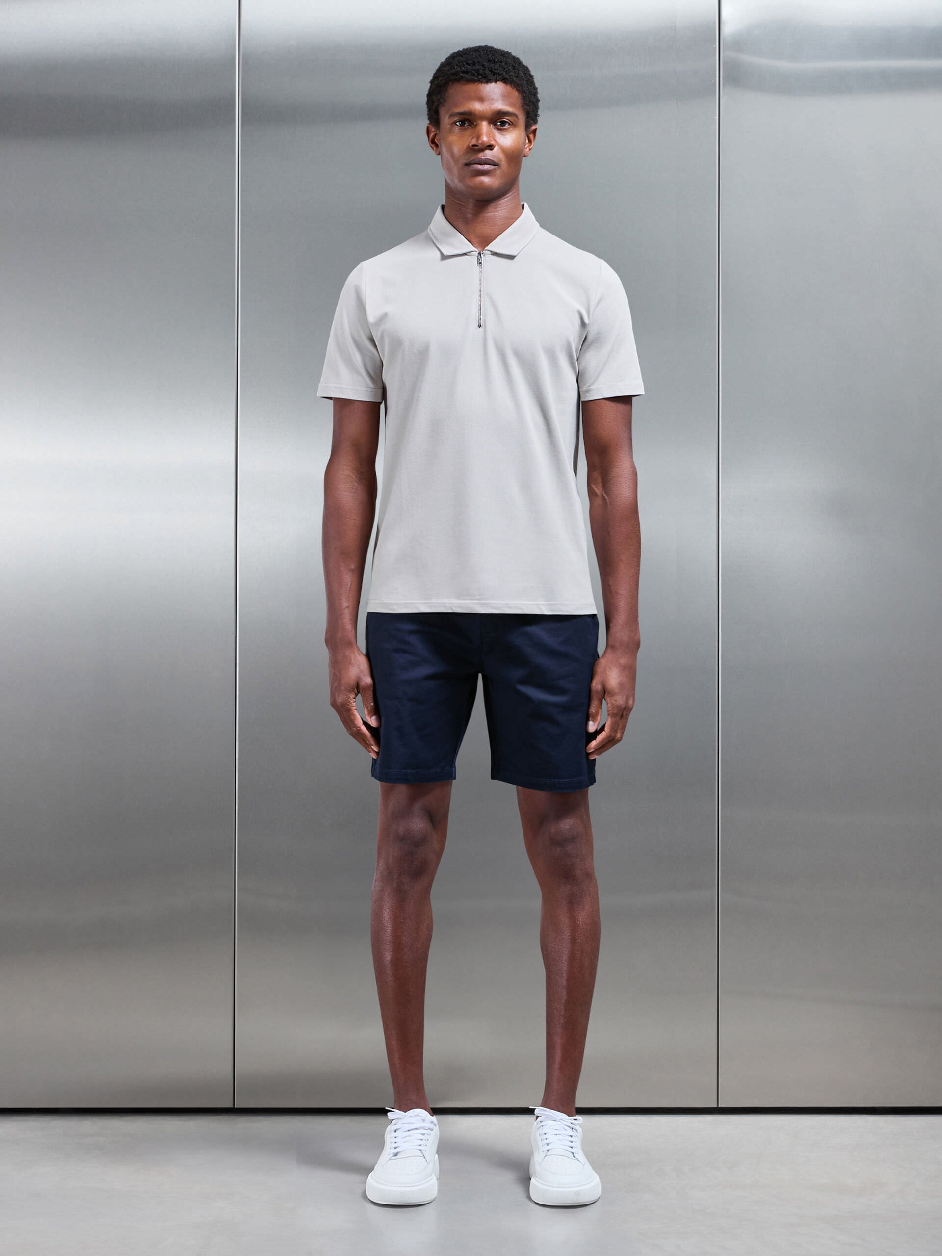 Mercerised Pique Zip Polo Shirt in Stone