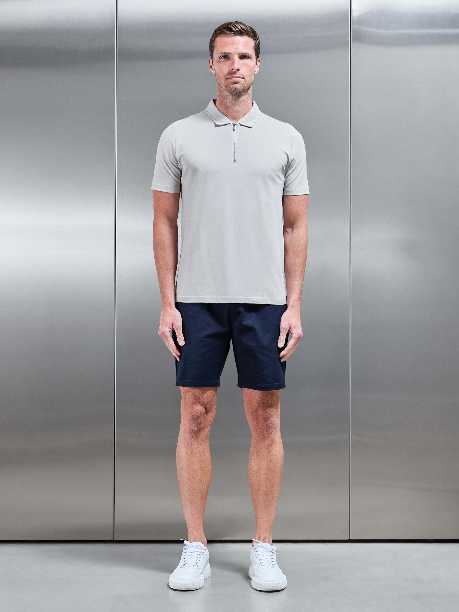 Mercerised Pique Zip Polo Shirt in Stone