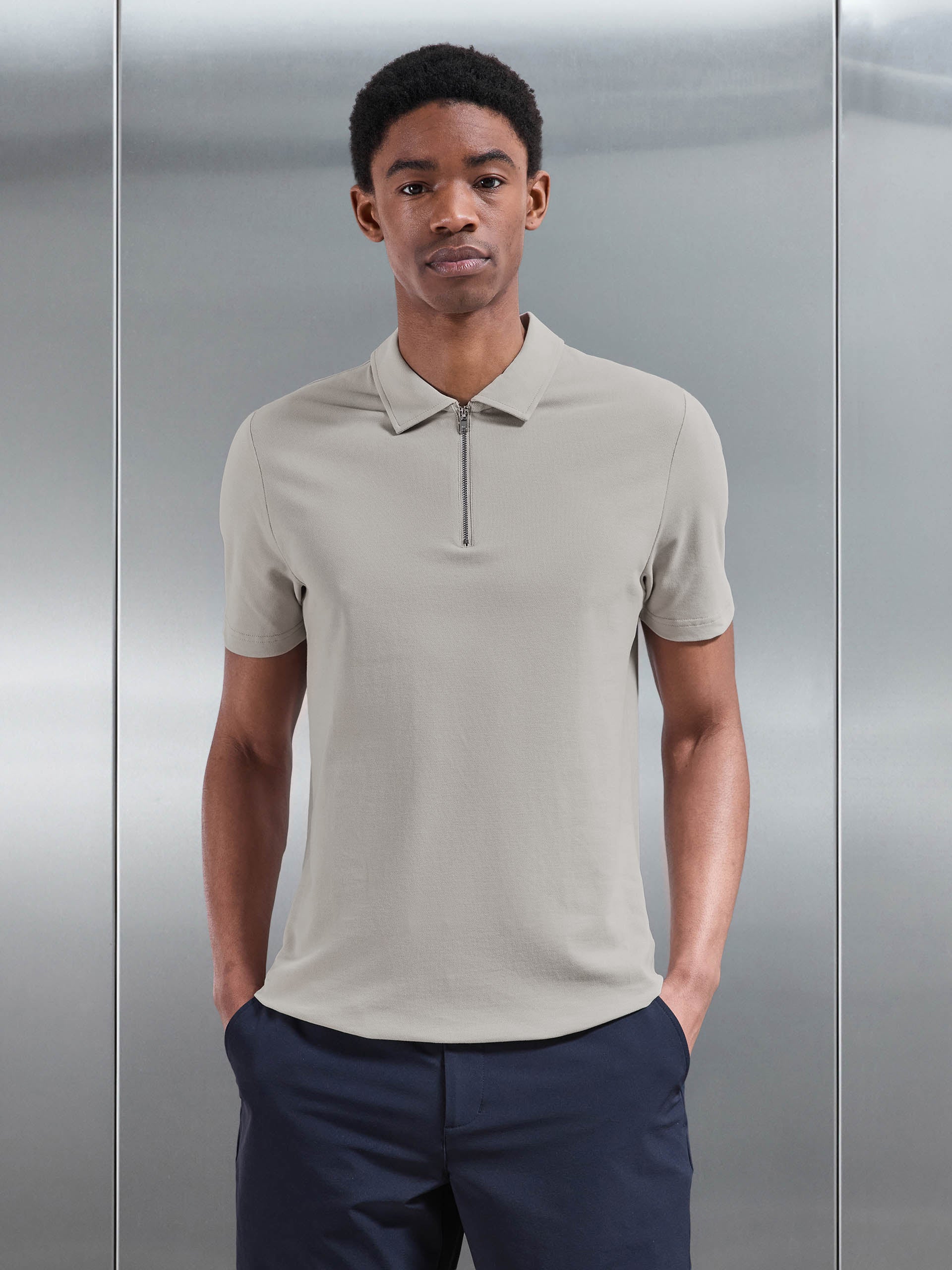 Mercerised Pique Zip Polo Shirt In Stone