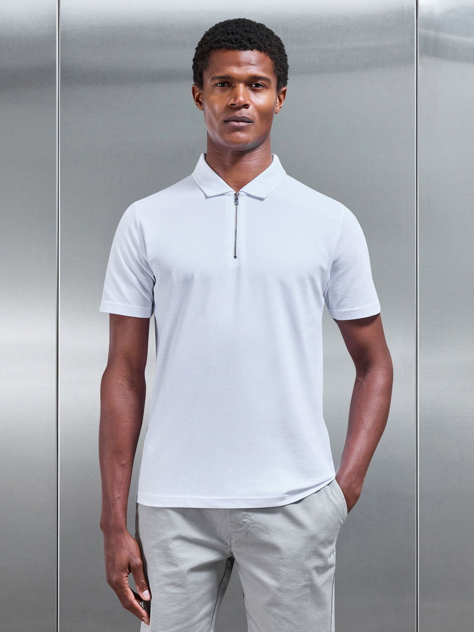 Mercerised Pique Zip Polo Shirt in White