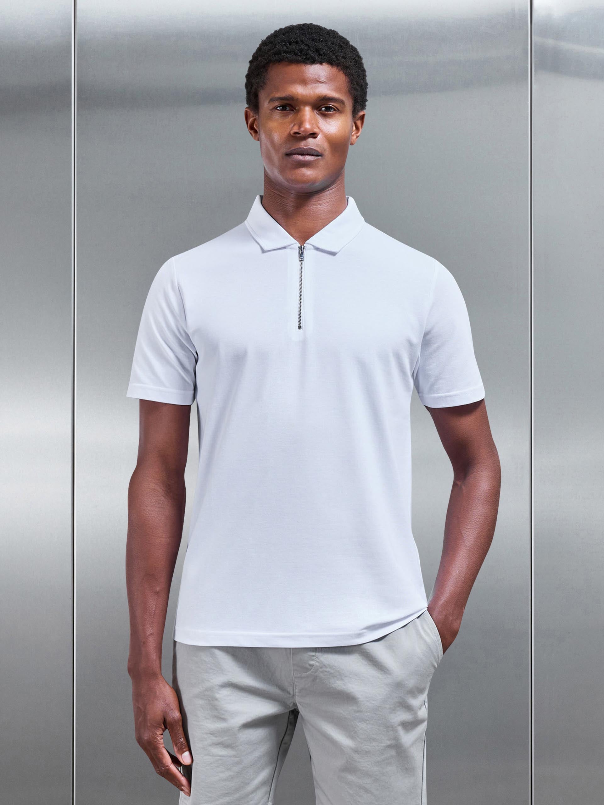 Mercerised Pique Zip Polo Shirt in White
