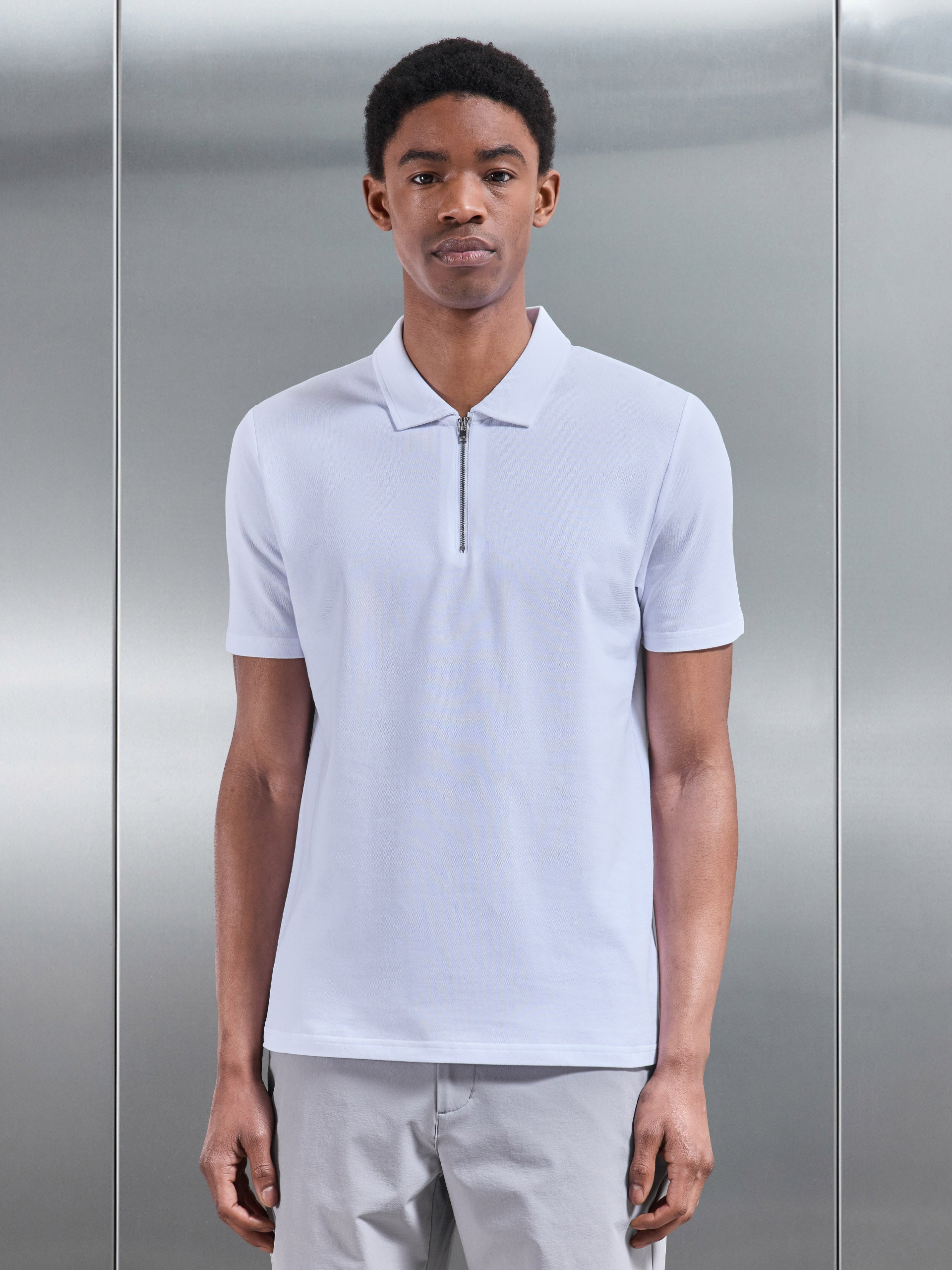 Mercerised Pique Zip Polo Shirt in White
