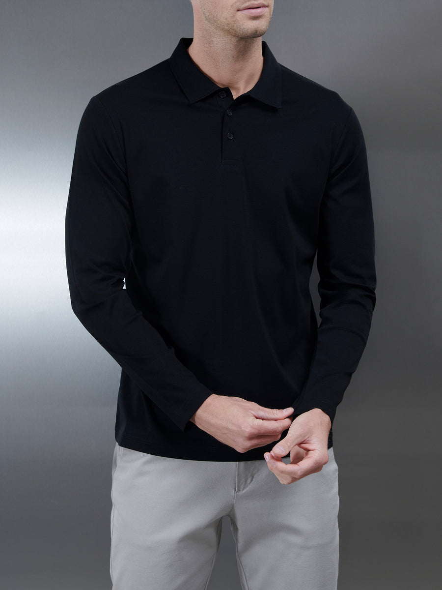 Supima Cotton Long Sleeve Button Polo Shirt in Black