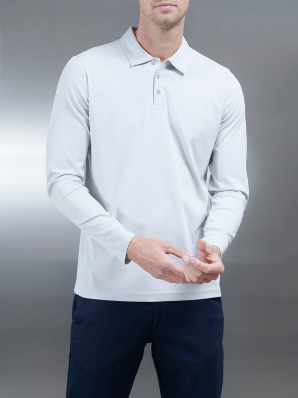 Supima Cotton Long Sleeve Button Polo Shirt in Mid Grey