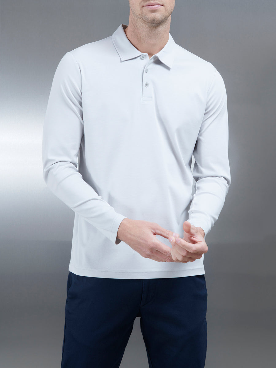 Supima Cotton Long Sleeve Button Polo Shirt in Mid Grey