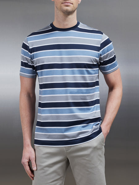 Mercerised Cotton Colour Block Striped T-Shirt in Navy