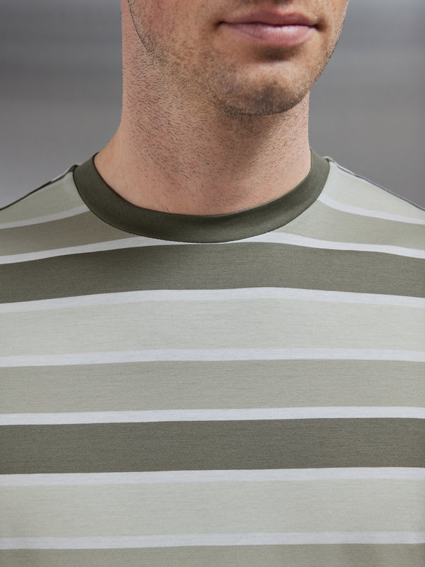 Mercerised Cotton Colour Block Striped T-Shirt in Sage