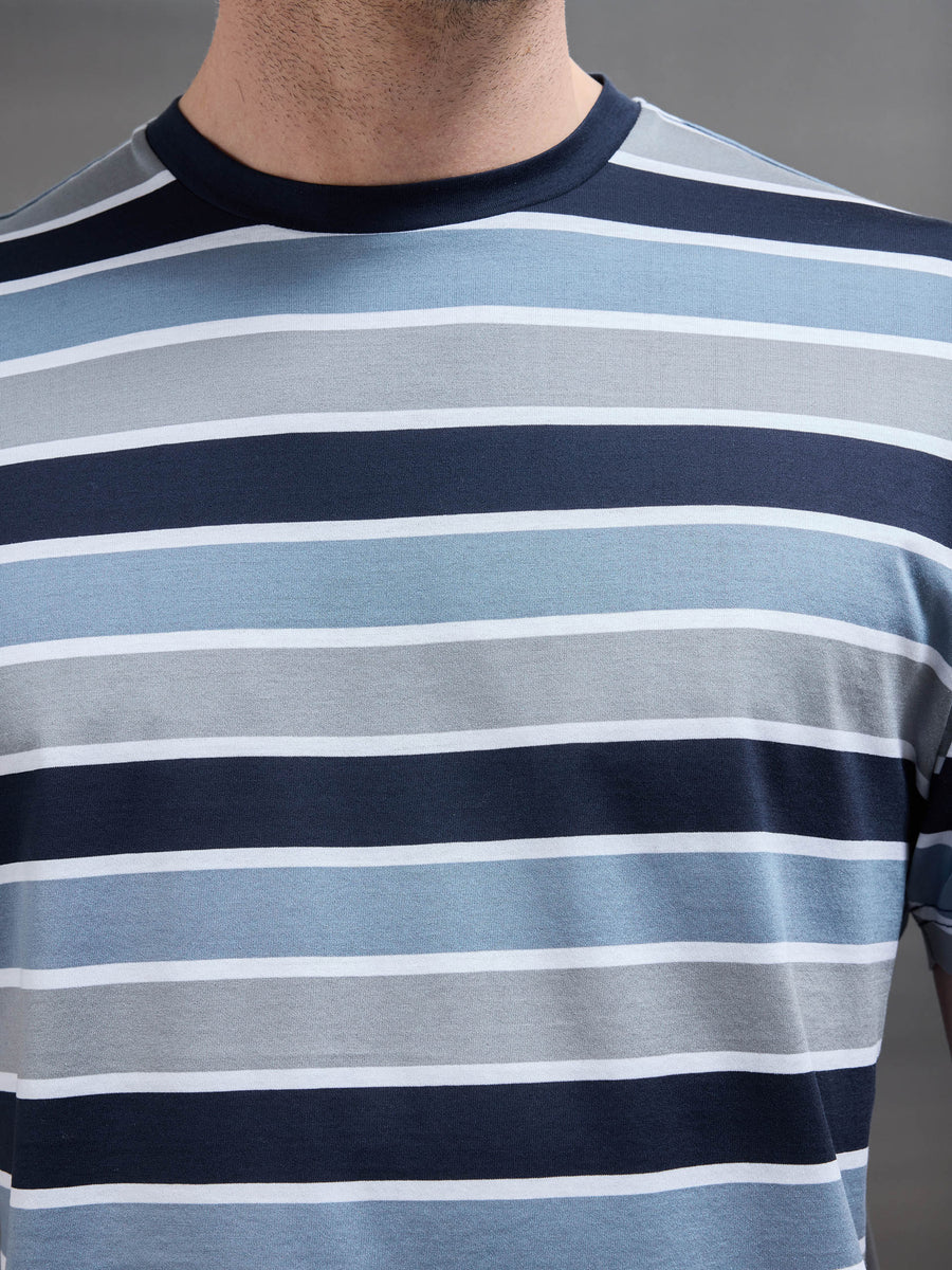 Mercerised Cotton Colour Block Striped T-Shirt in Navy